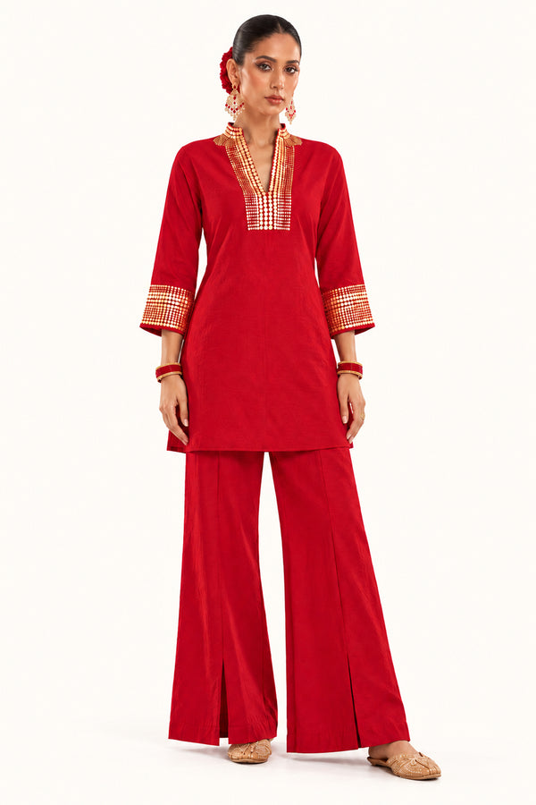 Deep Red Tussar Silk Handwork Festive Co-ord Set for Women