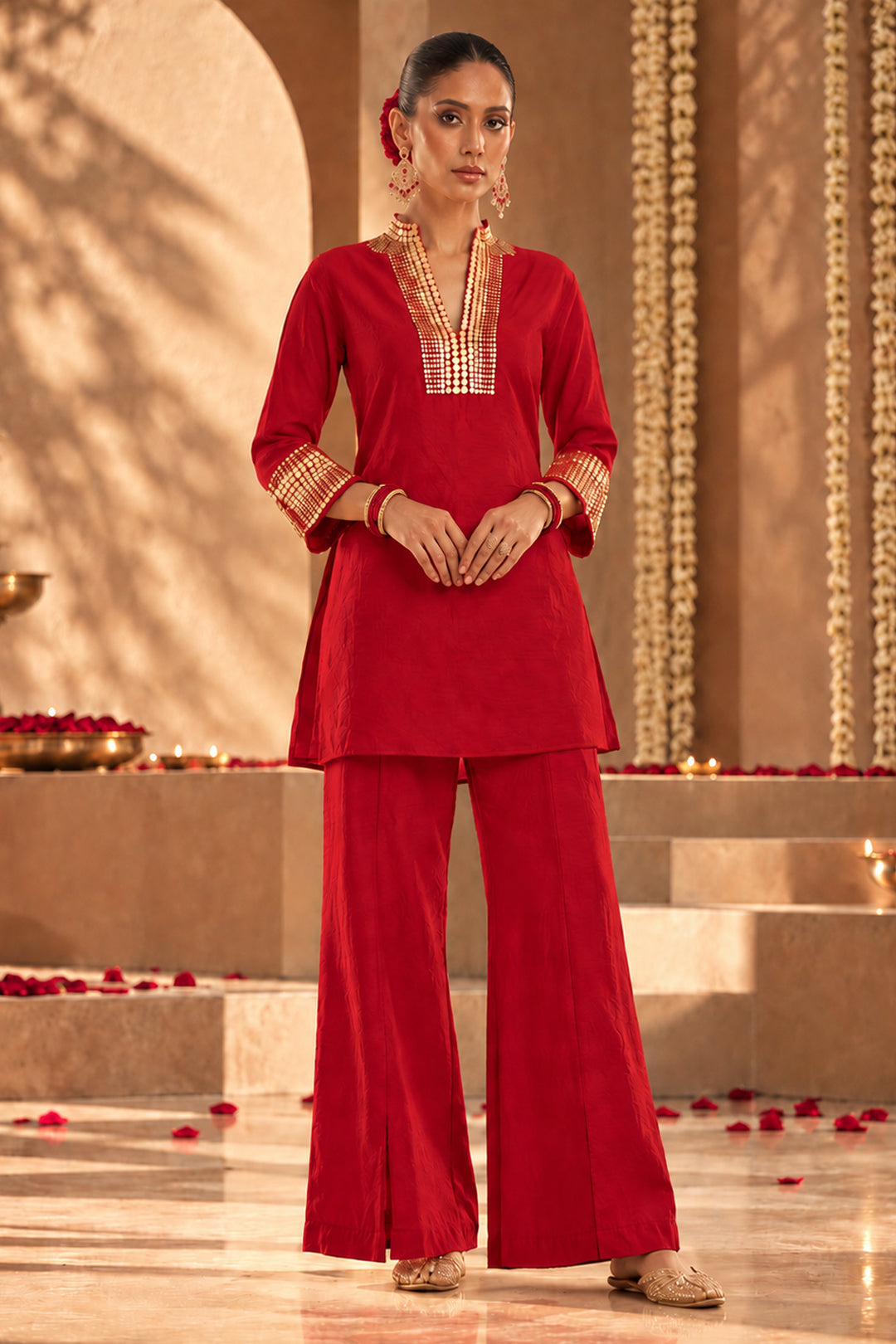 Deep Red Tussar Silk Handwork Festive Co-ord Set for Women