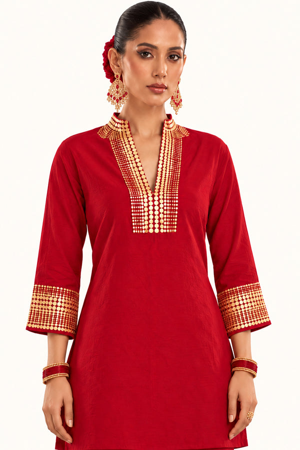 Deep Red Tussar Silk Handwork Festive Co-ord Set for Women