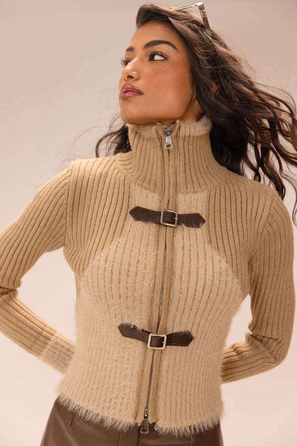 Beige Wool Blend High-Neck Cropped Sweater with Faux Leather Buckle Detailing