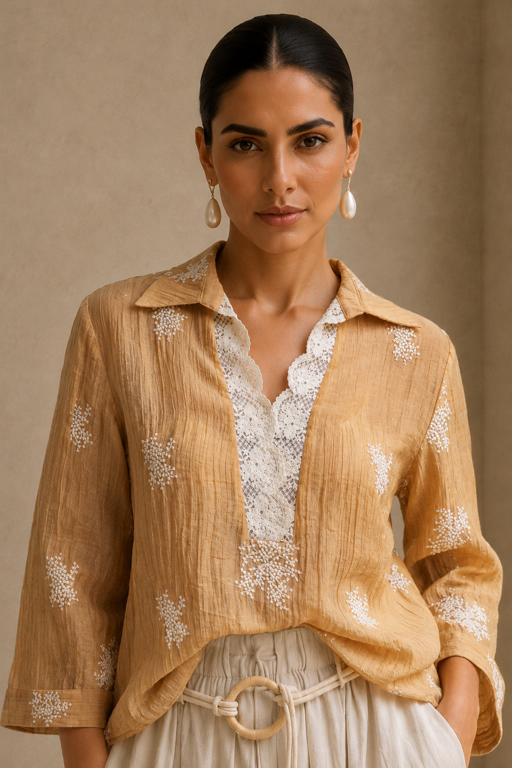 Yellow Mustard Crush Cotton Top with Lace Embroidery – Elegant & Comfortable Wear