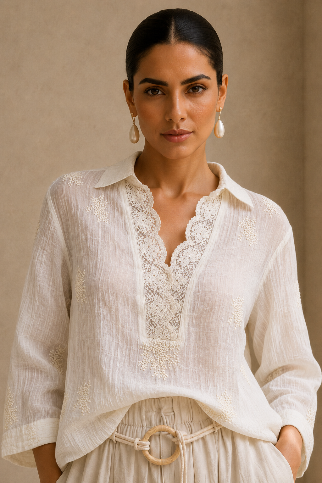 White Cream Crush Cotton Top with Lace Embroidery – Elegant & Chic