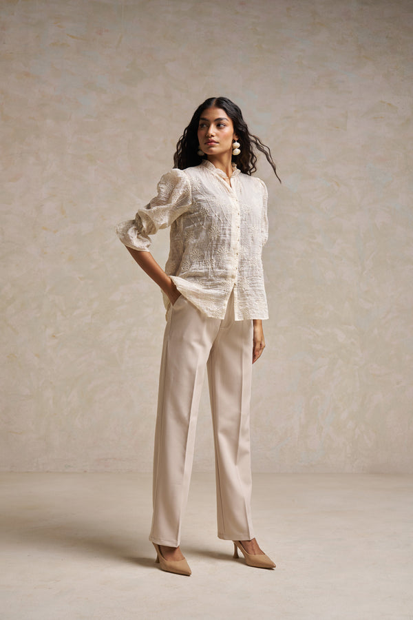 White Embroidered Cotton Chiffon Blouse with Puff Sleeves – Elegant Formal & Office Wear