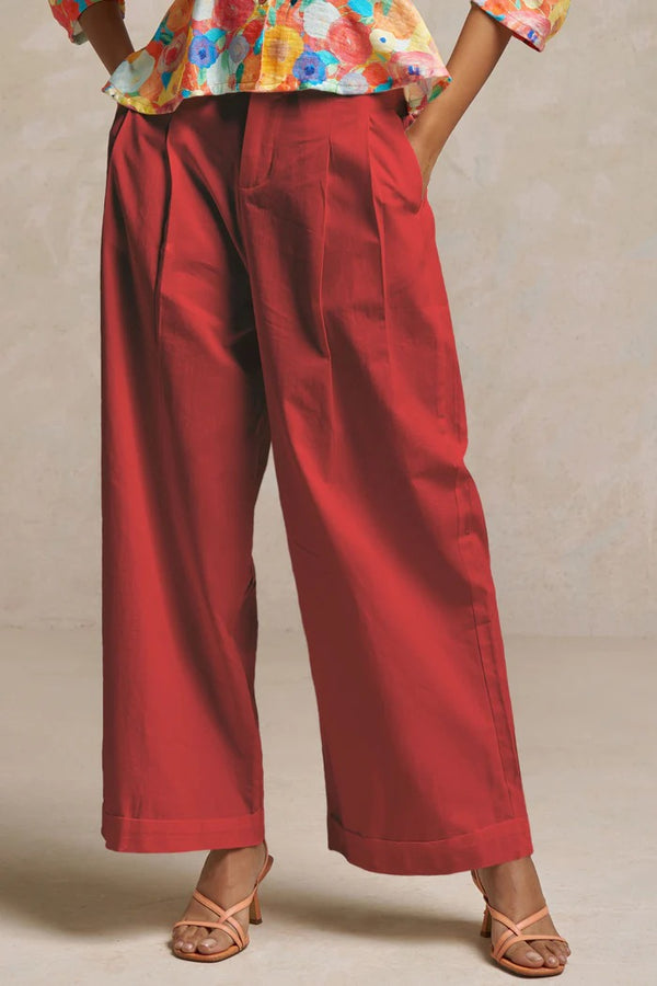 Red Cotton Formal Wide-Leg Trousers for Women