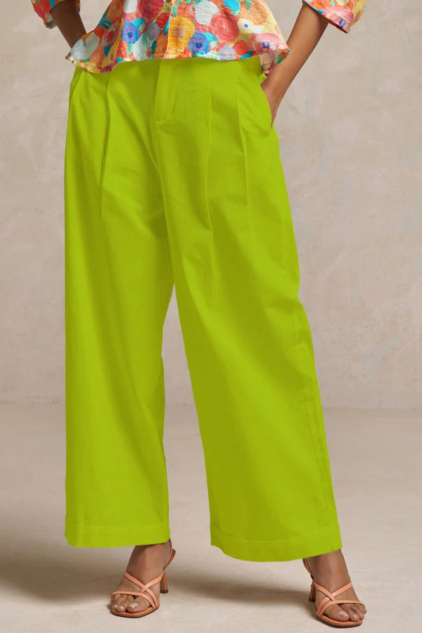 Pistachio Green Cotton Formal Wide-Leg Trousers for Women