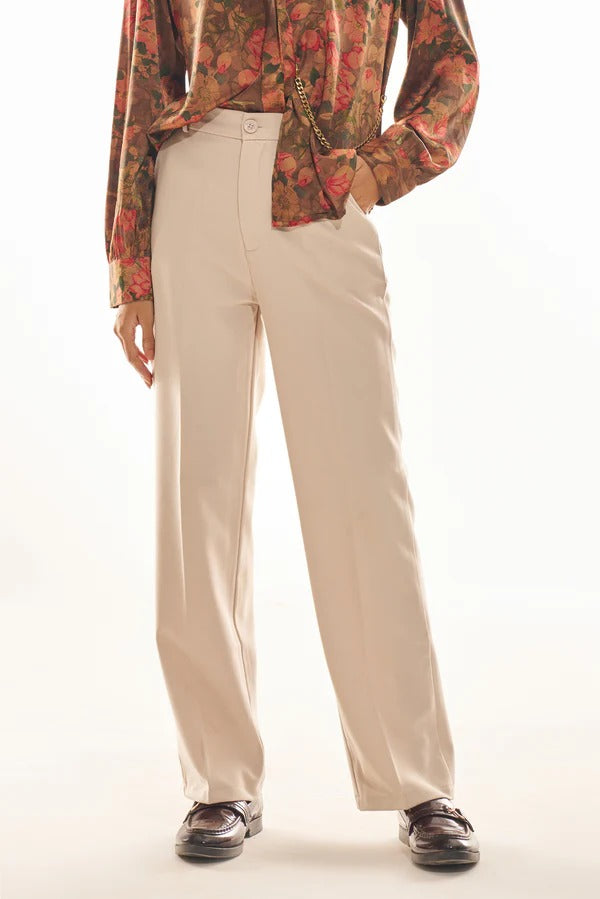 Dusty Beige Straight-Fit Formal Trousers with Elastic Waistband