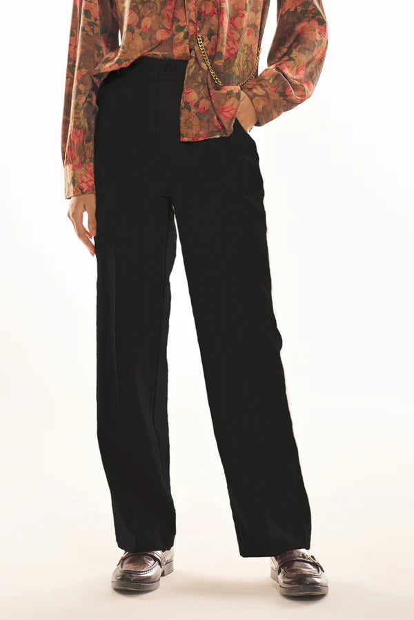 Matte Black Straight-Fit Formal Trousers with Elastic Waistband