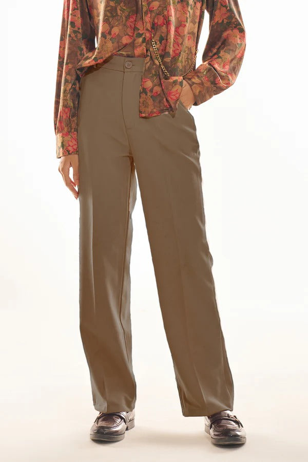 Coffee Brown Straight-Fit Formal Trousers with Elastic Waistband