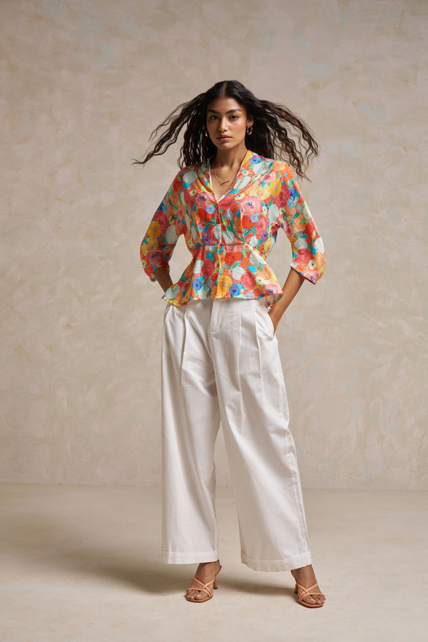SHECZZAR COTTON FORMAL WIDE-LEG WHITE  TROUSERS