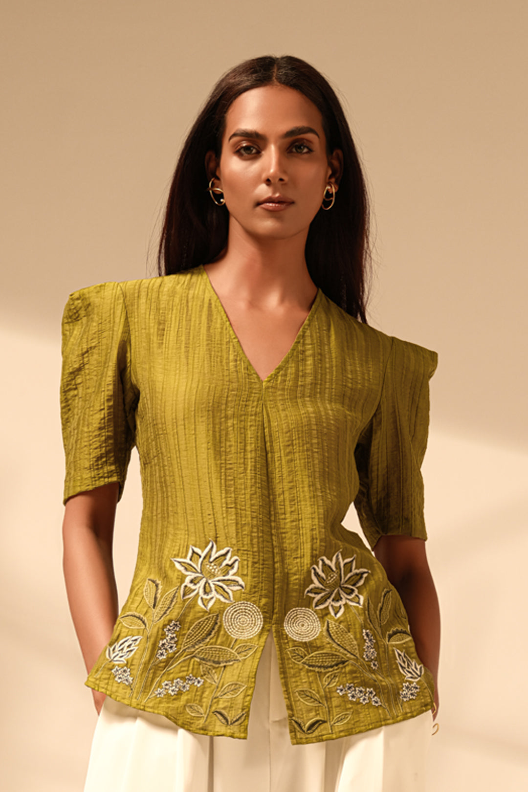 Olive Green Embroidered Blended Silk Chiffon Top – Luxe Resort & Evening Wear