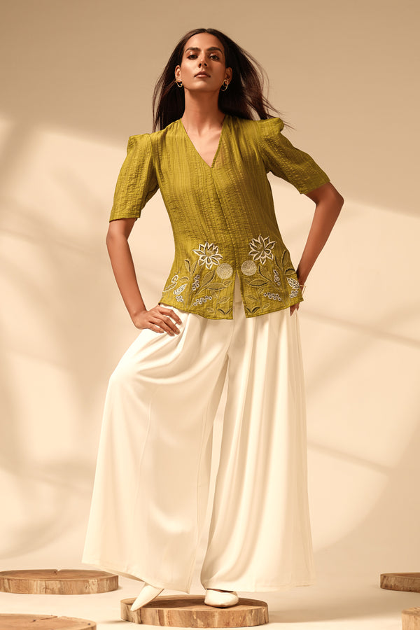 Olive Green Embroidered Blended Silk Chiffon Top – Luxe Resort & Evening Wear