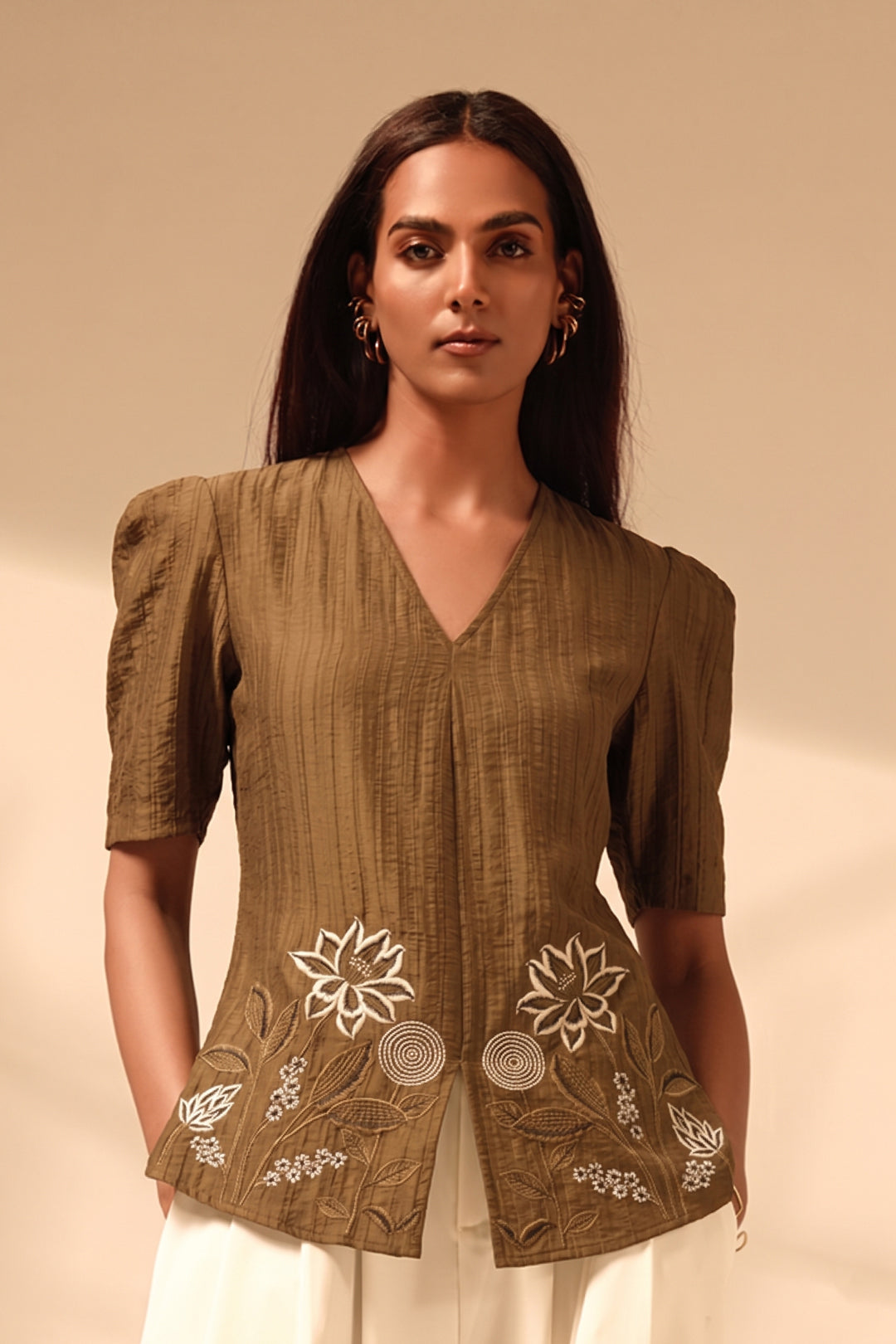 Brown Embroidered Blended Silk Chiffon Top – Luxe Resort & Evening Wear