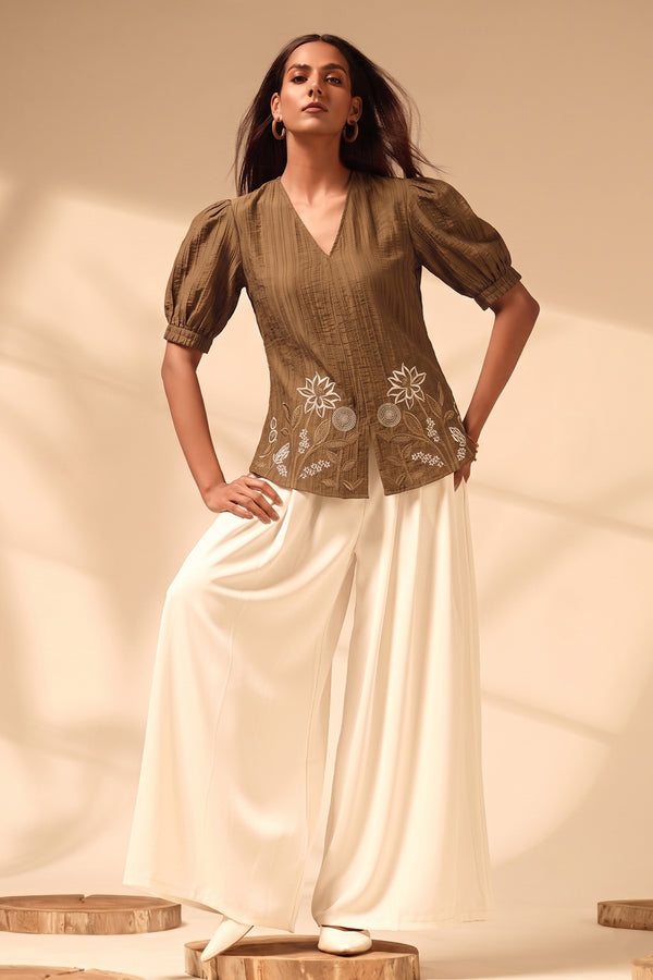 Brown Embroidered Blended Silk Chiffon Top – Luxe Resort & Evening Wear