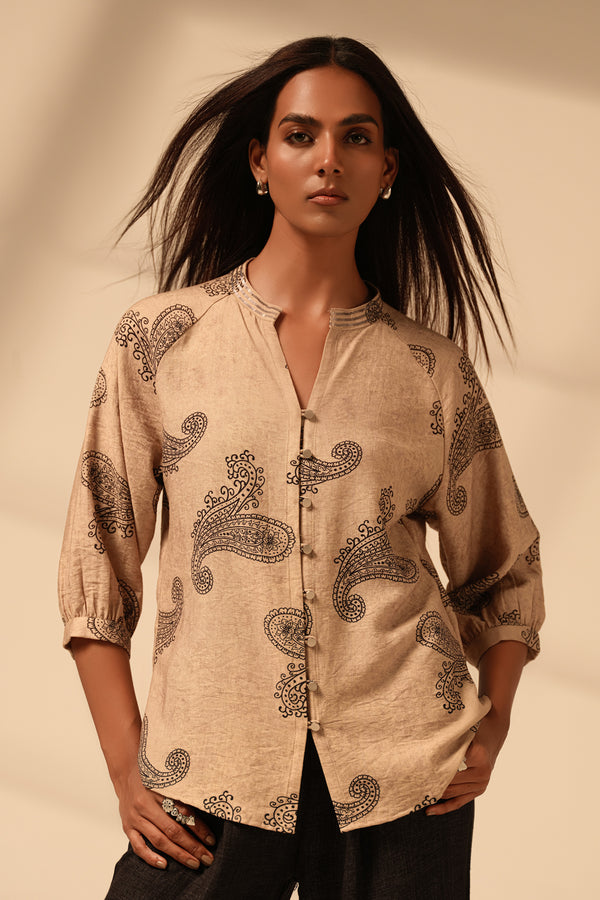 Beige Paisley Printed Cotton Rayon Blend Top with Sequin Neckline – Resort & Day Wear