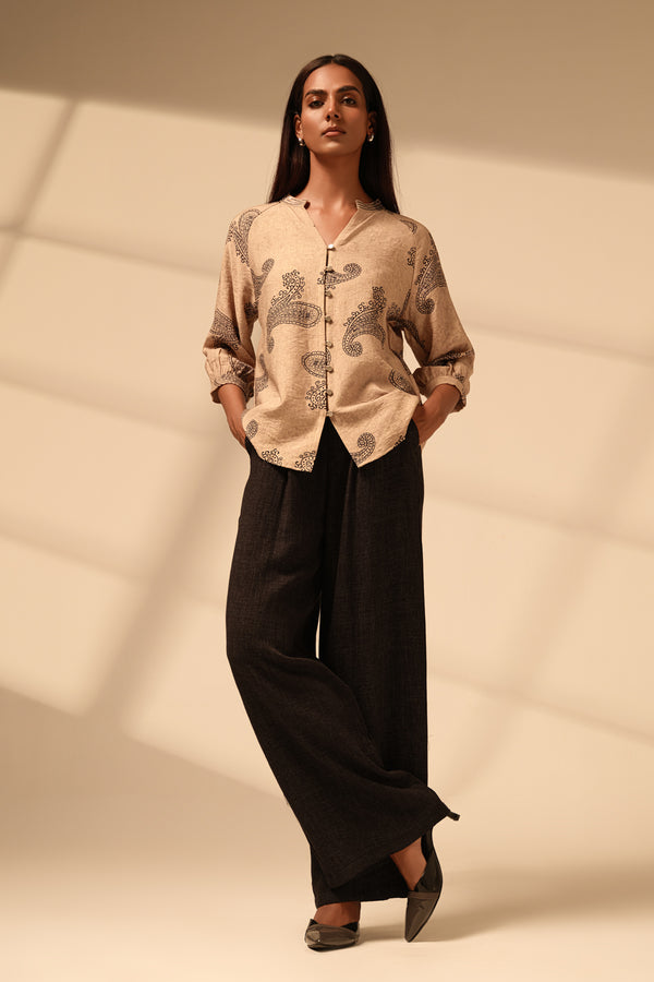 Beige Paisley Printed Cotton Rayon Blend Top with Sequin Neckline – Resort & Day Wear
