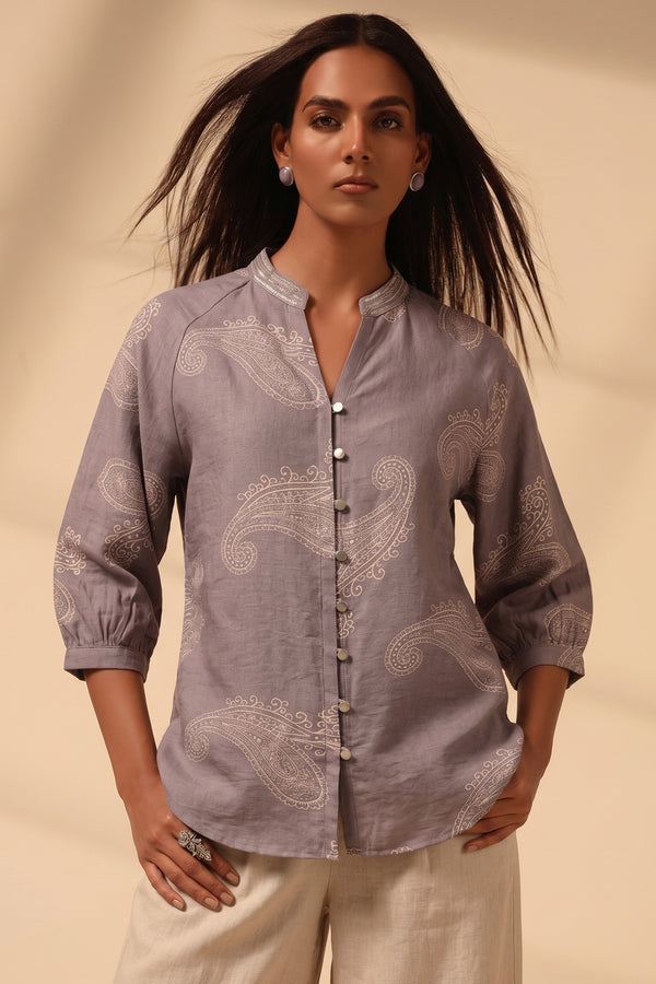 Warm Grey Paisley Printed Cotton Rayon Blend Top with Sequin Neckline – Resort & Day Wear