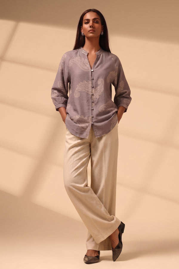 Warm Grey Paisley Printed Cotton Rayon Blend Top with Sequin Neckline – Resort & Day Wear