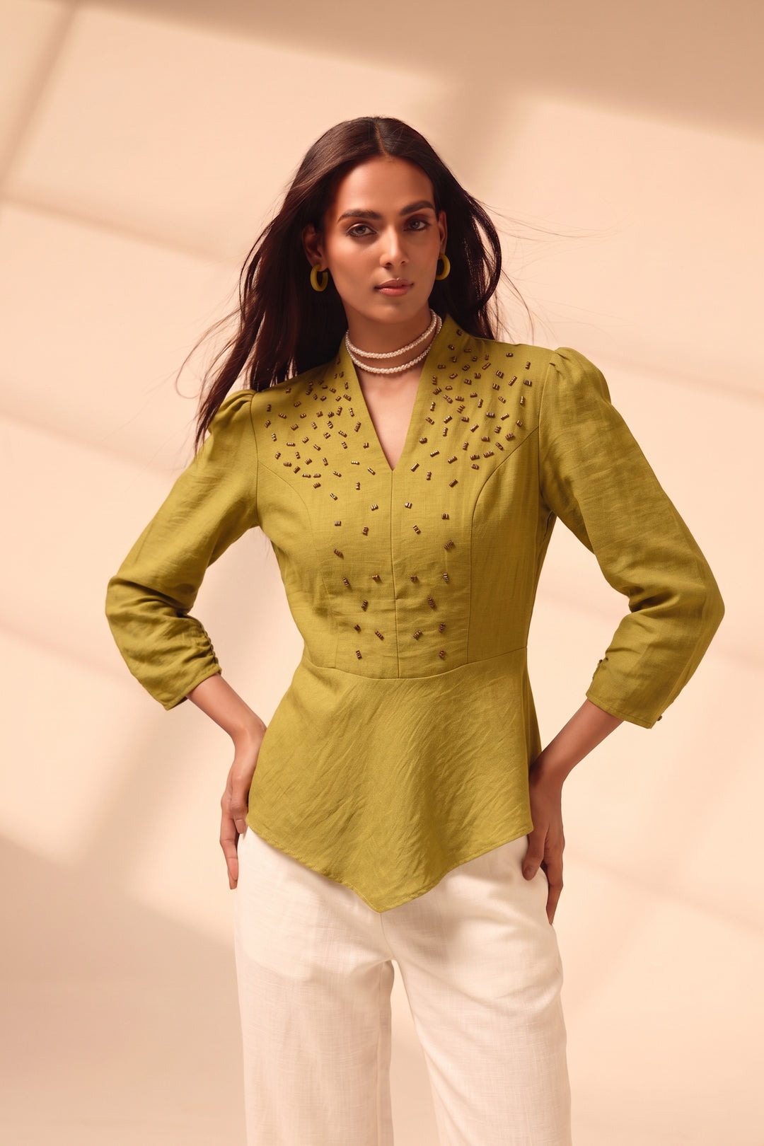 Olive Green Handworked Peplum Top | Designer Party Wear Top