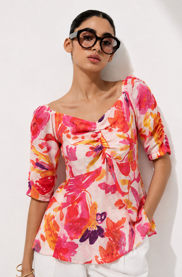 Pink Floral Printed Chiffon Comfort Top for Women – Resort & Casual Wear