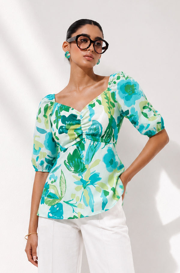 Green Floral Printed Chiffon Comfort Top for Women – Resort & Casual Wear