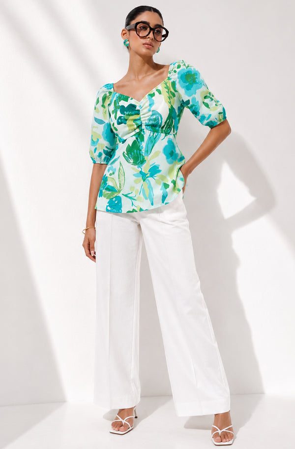 Green Floral Printed Chiffon Comfort Top for Women – Resort & Casual Wear