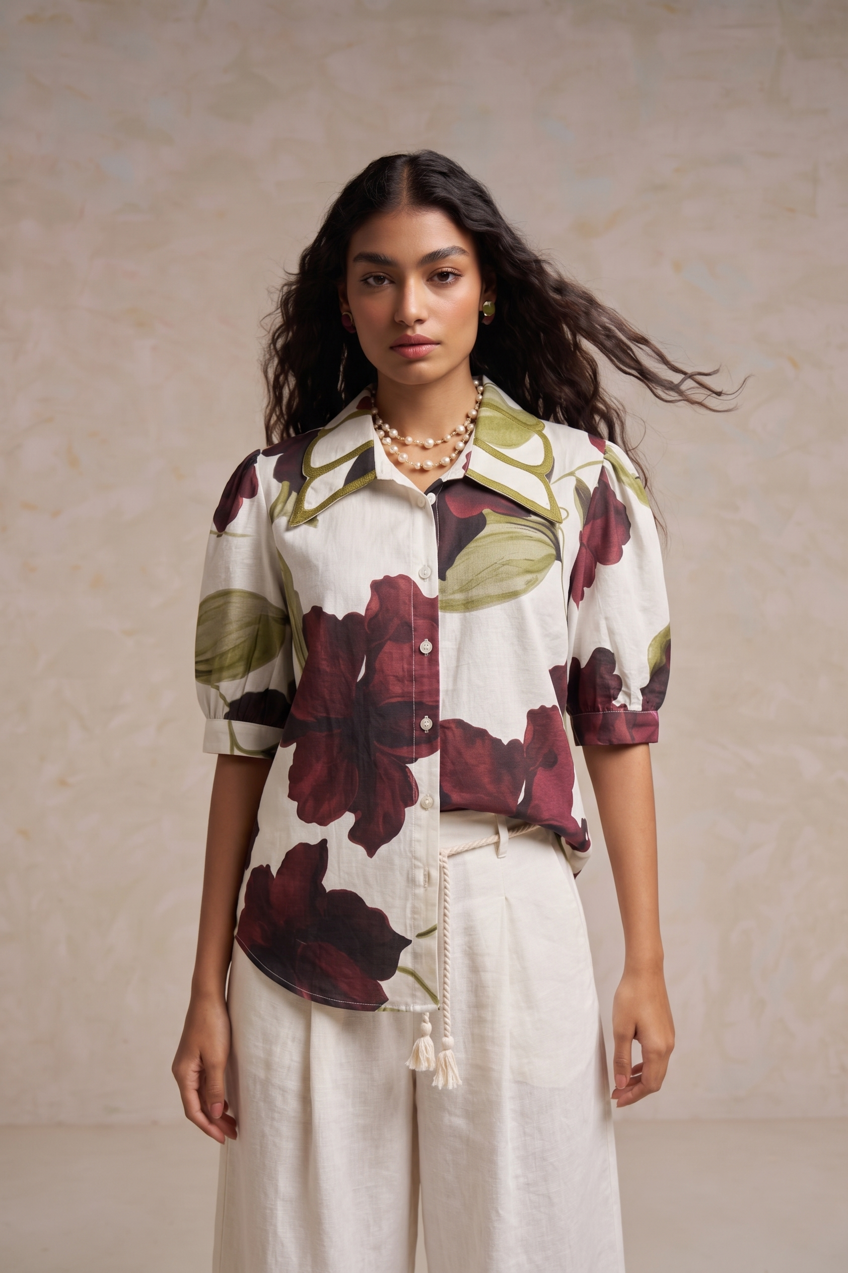 Ivory White Wine Floral Statement Embroidery Collar Shirt Top | Elegant Resort Wear Shirt