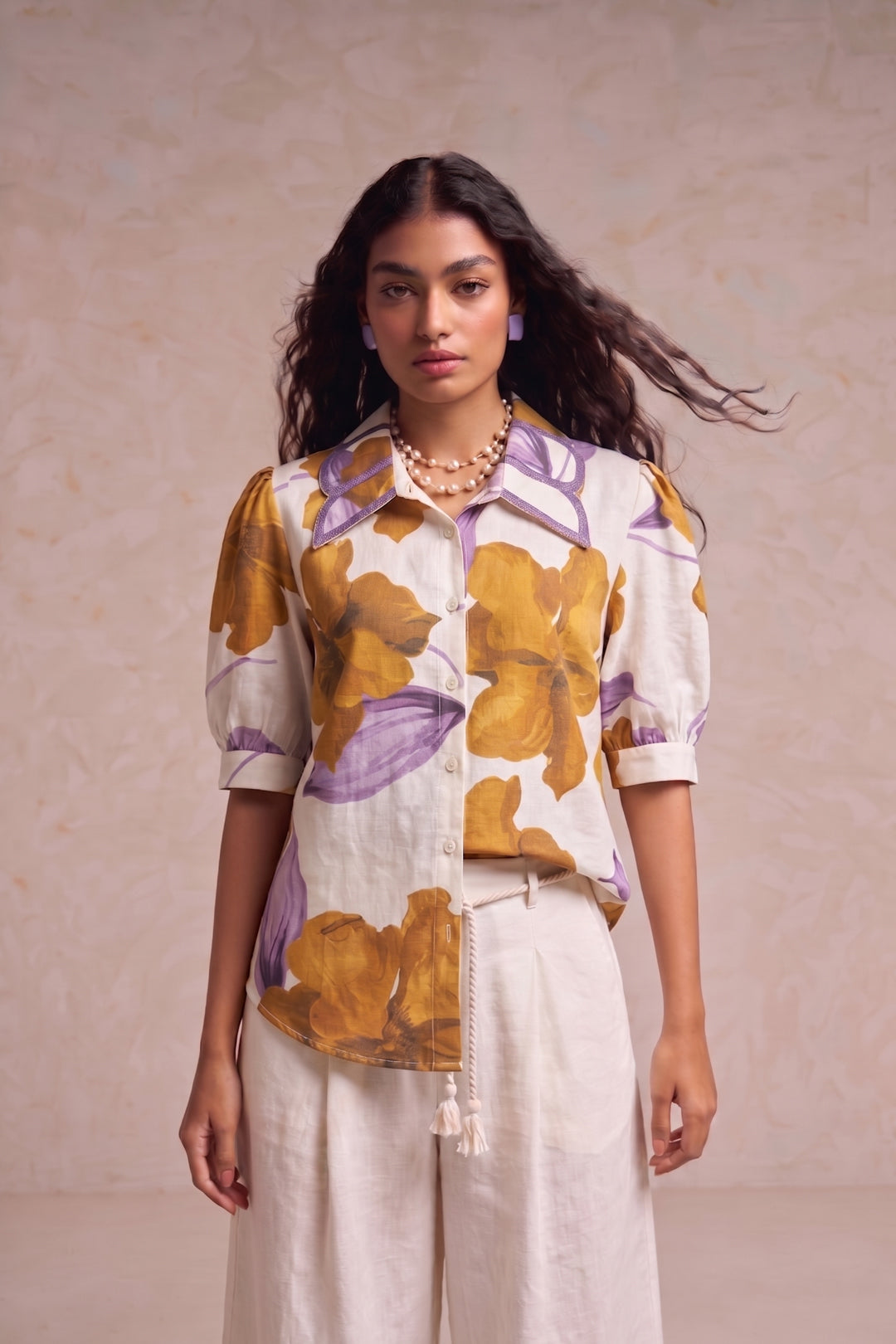 Ivory White Mustard Floral Statement Embroidery Collar Shirt Top | Elegant Resort Wear Shirt