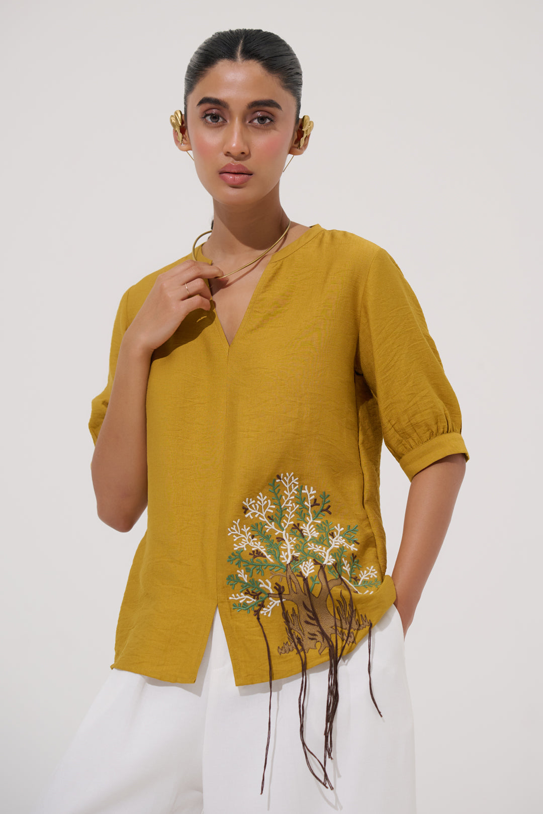Mustard Linen Blend Placement Embroidered Top | Elegant Day, Brunch & Resort Wear