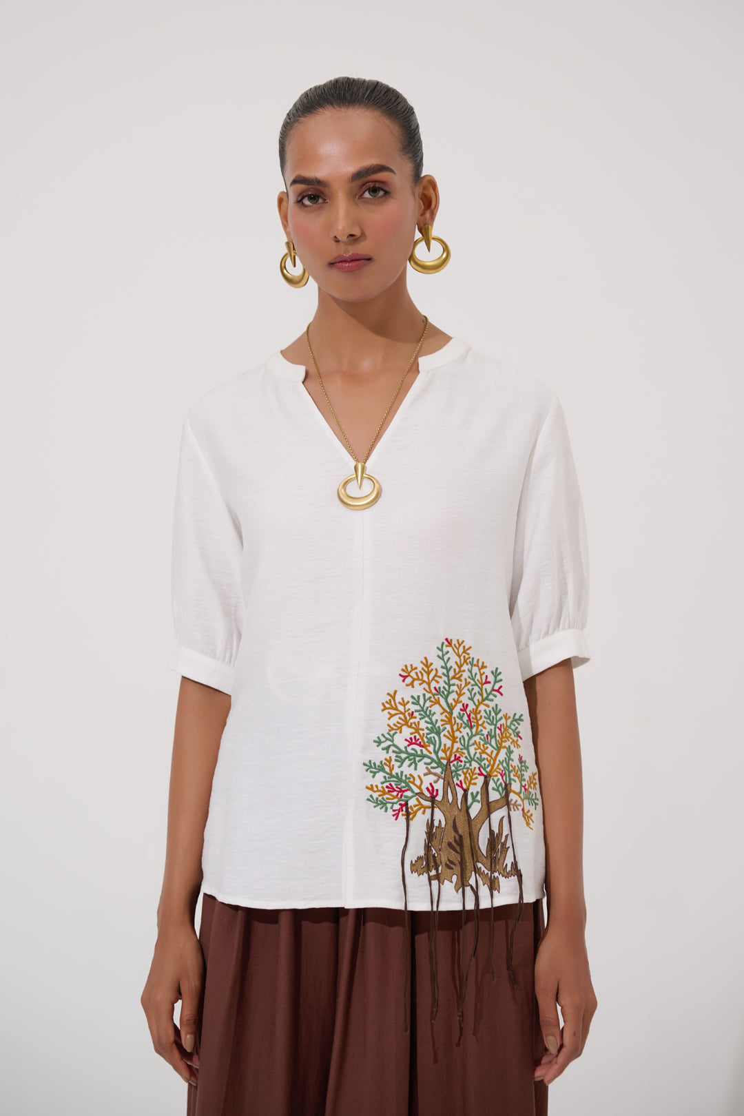 White Linen Blend Placement Embroidered Top | Elegant Day, Brunch & Resort Wear