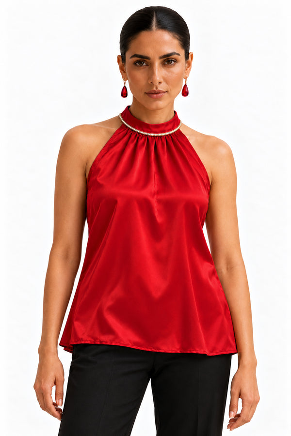Deep Red Satin Embellished Stand Collar Sleeveless Top for Women