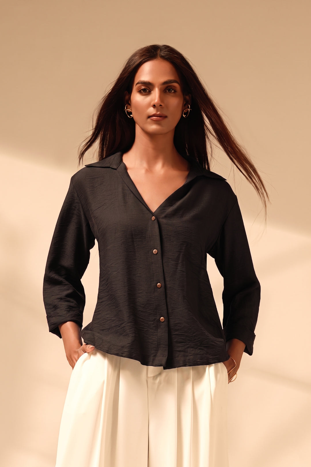 Black Linen Blend Button-Down Shirt Top with Wooden Buttons – Casual & Resort Wear