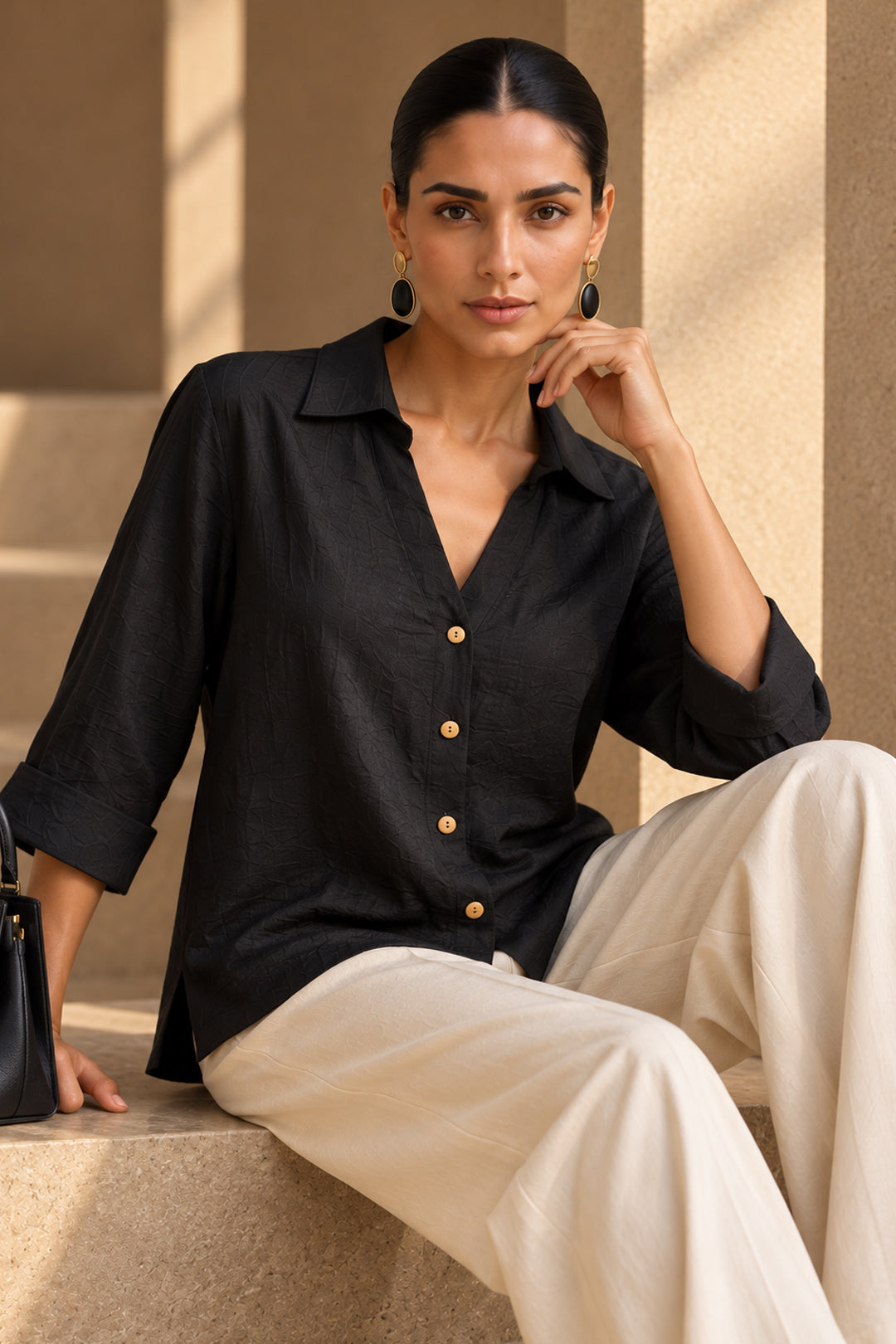 Black Linen Blend Button-Down Shirt Top with Wooden Buttons – Casual & Resort Wear