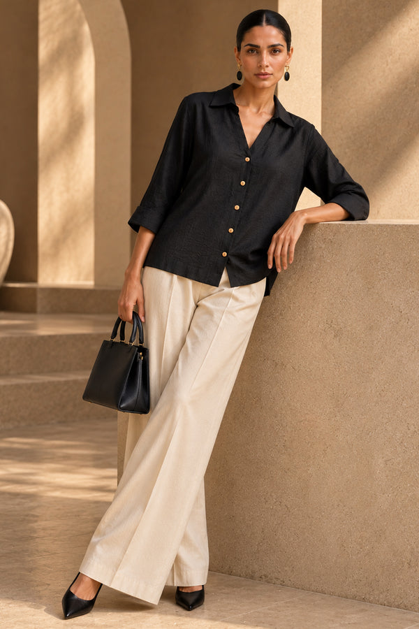 Black Linen Blend Button-Down Shirt Top with Wooden Buttons – Casual & Resort Wear
