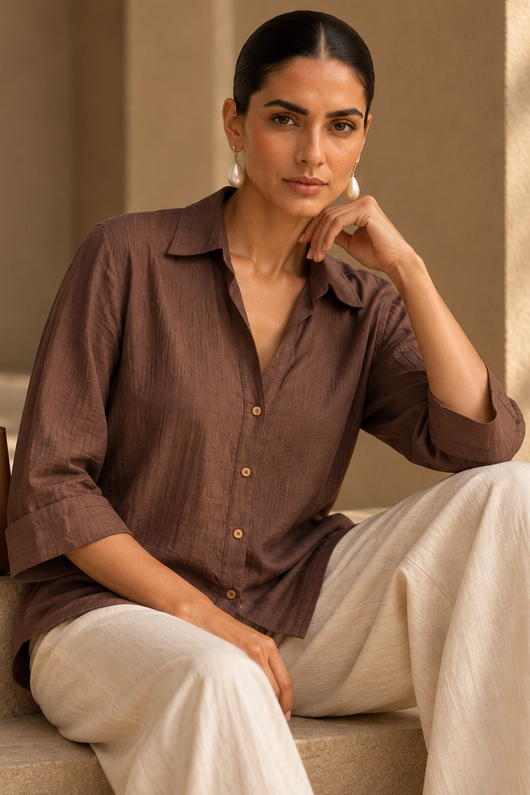 Coffee Brown Linen Blend Shirt Top for Women with Wooden Buttons | Premium Casual & Resort Wear