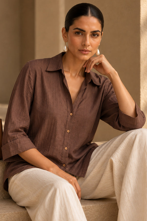 Coffee Brown Linen Blend Shirt Top with Wooden Buttons | Premium Casual & Resort Wear
