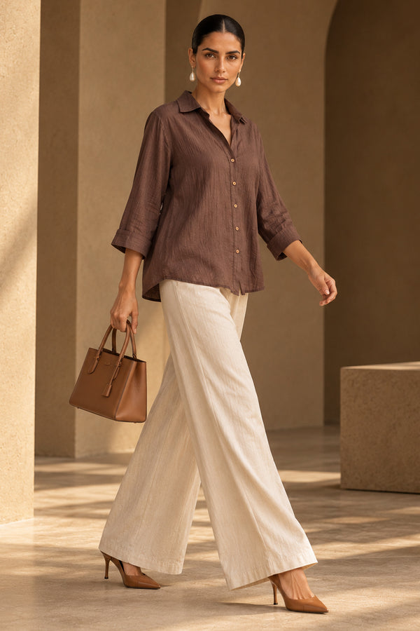 Coffee Brown Linen Blend Shirt Top with Wooden Buttons | Premium Casual & Resort Wear
