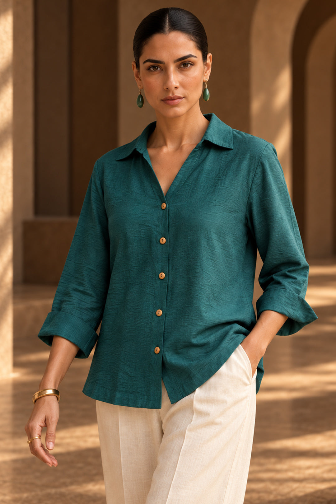 Teal Green Textured Shirt Top for Women with Wooden Buttons | Premium Casual & Resort Wear