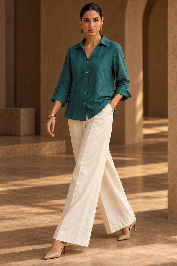 Teal Green Linen Blend Shirt Top with Wooden Buttons | Premium Casual & Resort Wear