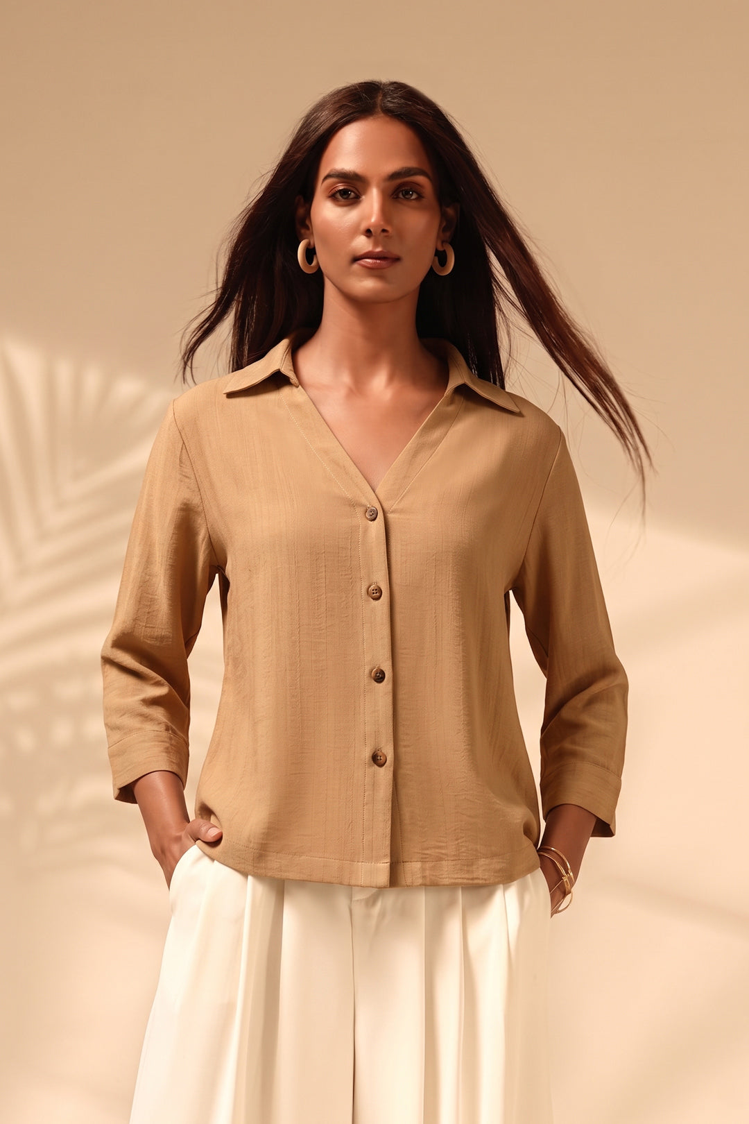 Beige Linen Blend Button-Down Shirt Top with Wooden Buttons – Casual & Resort Wear