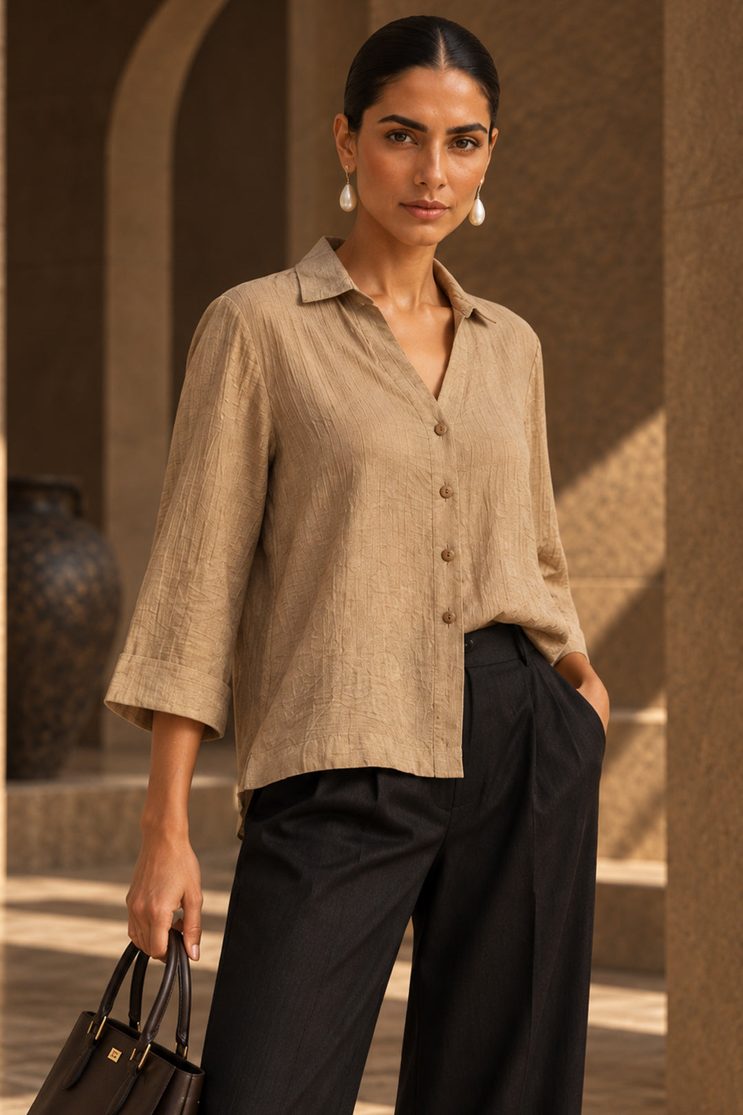 Beige Linen Blend Button-Down Shirt Top with Wooden Buttons – Casual & Resort Wear
