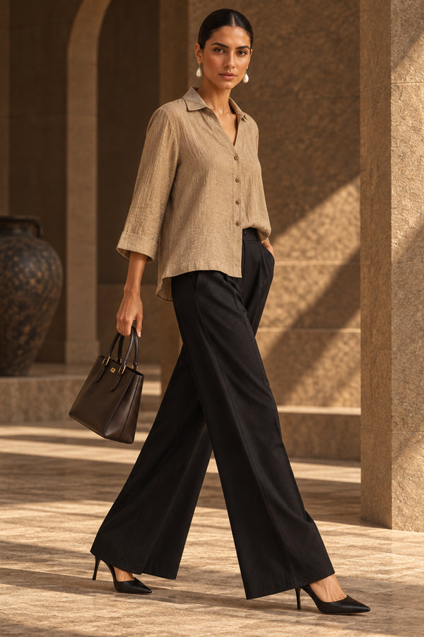Beige Linen Blend Button-Down Shirt Top with Wooden Buttons – Casual & Resort Wear