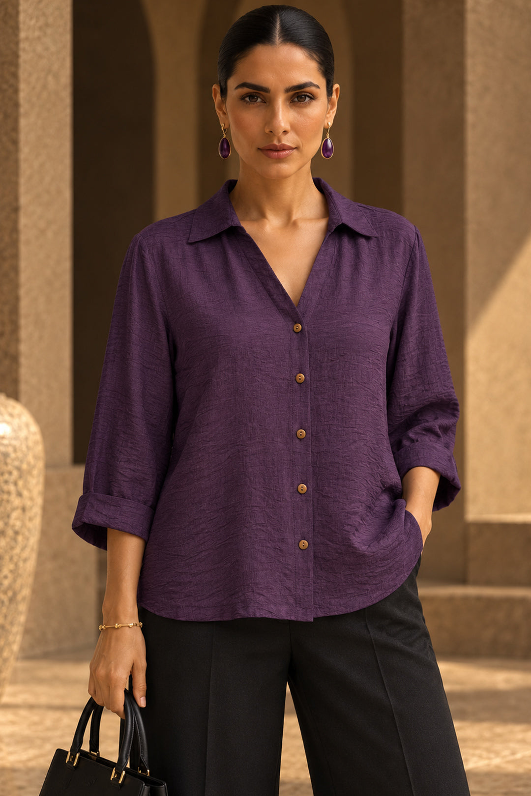 Purple Linen Blend Button-Down Shirt Top with Wooden Buttons | Casual & Resort Wear