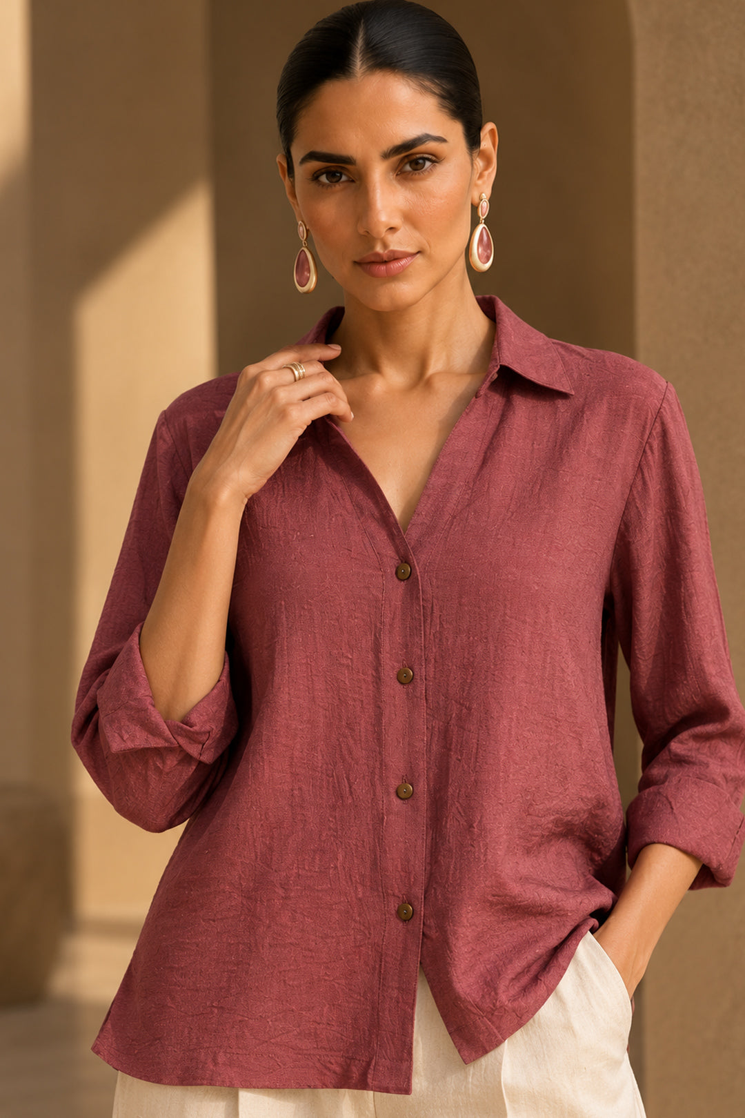 Dusty Rose Linen Blend Shirt Top for Women with Wooden Buttons | Premium Casual & Resort Wear