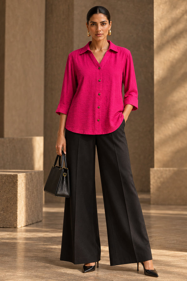 Pink Linen Blend Shirt Top with Wooden Buttons | Premium Casual & Resort Wear