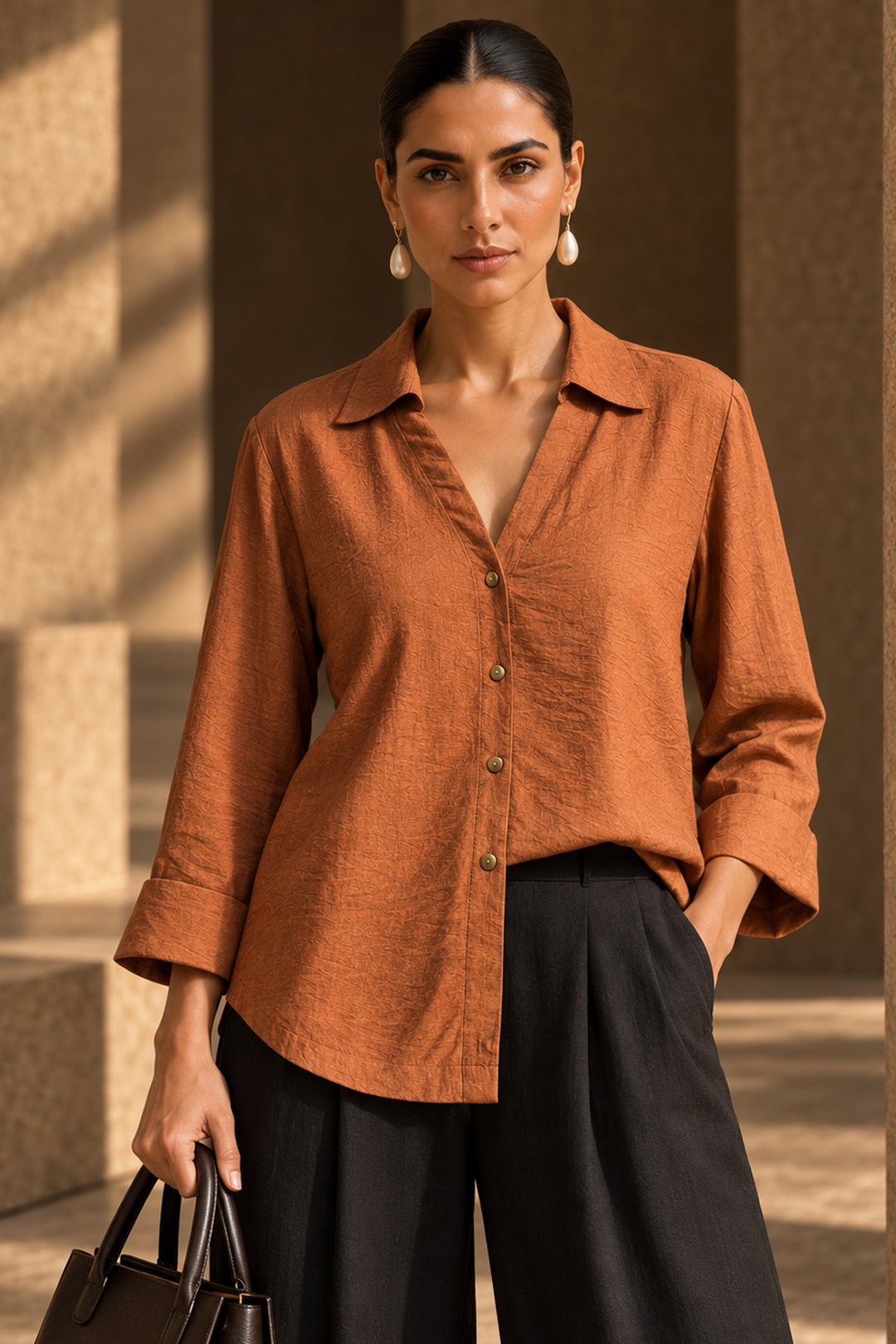 Dusty Rust Linen Blend Shirt Top for Women with Wooden Buttons | Premium Casual & Resort Wear