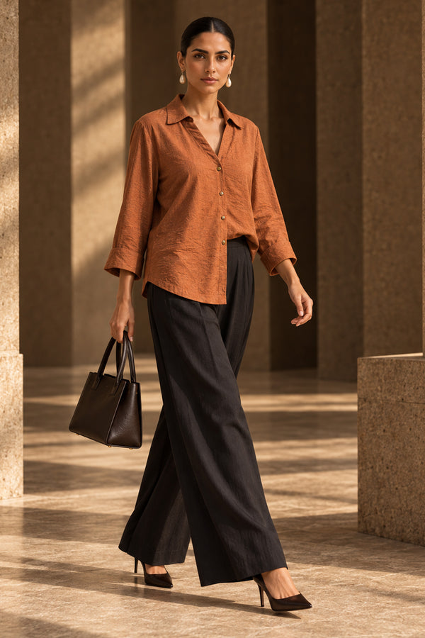 Dusty Rust Linen Blend Shirt Top with Wooden Buttons | Premium Casual & Resort Wear