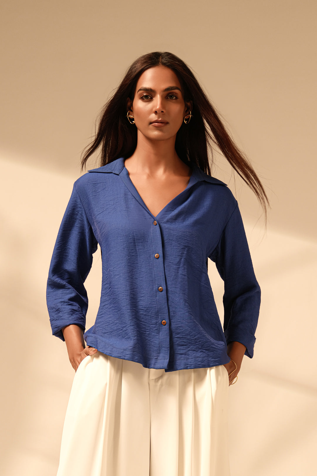 Linen Blend Button-Down Shirt Top with Wooden Buttons – Casual & Resort Wear