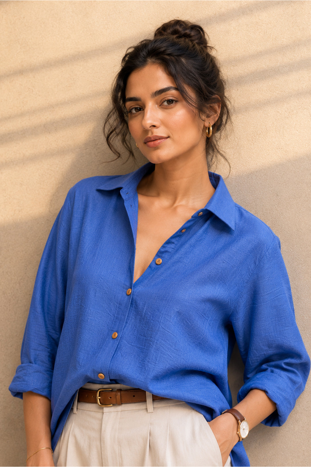 Linen Blend Button-Down Shirt Top with Wooden Buttons – Casual & Resort Wear