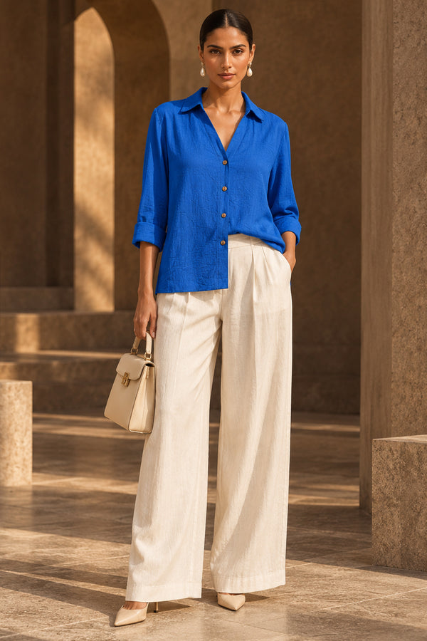 Linen Blend Button-Down Shirt Top with Wooden Buttons – Casual & Resort Wear