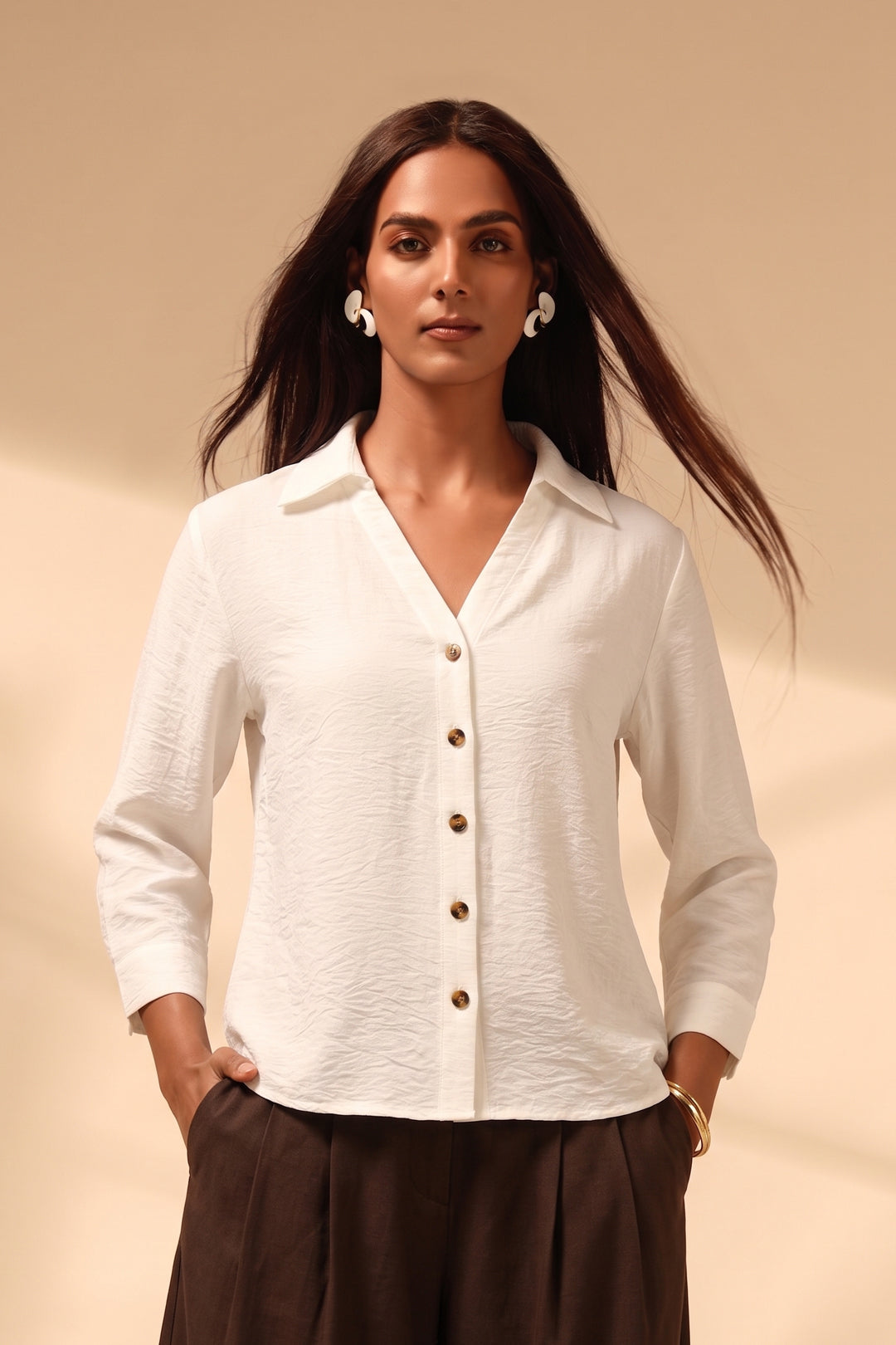 White Linen Blend Button-Down Shirt Top with Wooden Buttons – Casual & Resort Wear